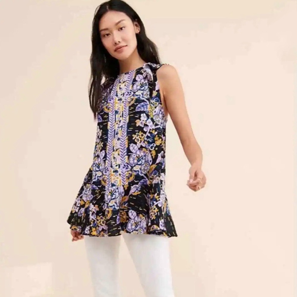 Free People Tunic Summer in Tulum Purple & Black Printed Tank Top Sz XS EUC